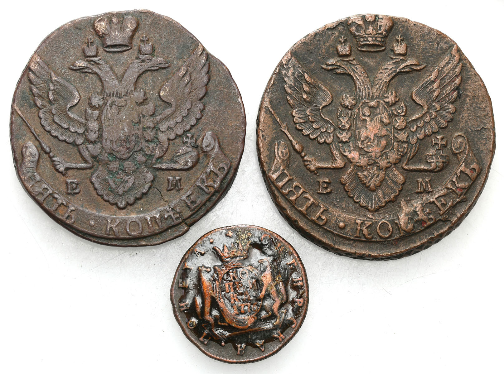 Rosja, Katarzyna II. Kopiejka 1776 KM, 5 kopiejek 1792, 1796 EM, Jekaterinburg, zestaw 3 sztuk